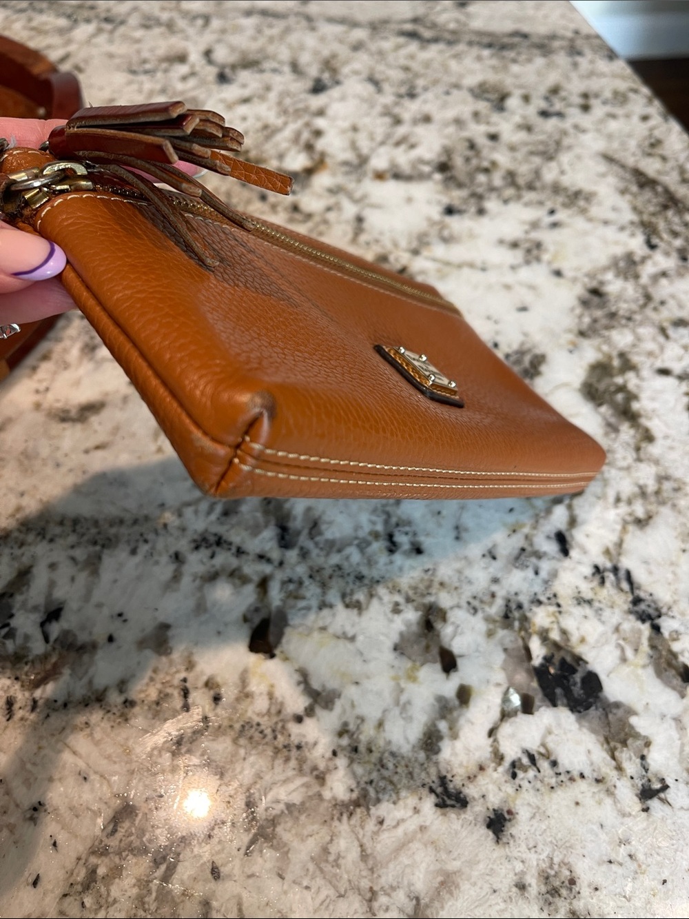 Dooney & Bourke Cognac Pebbled Leather Wristlet with Tassels - Picture 4 of 9